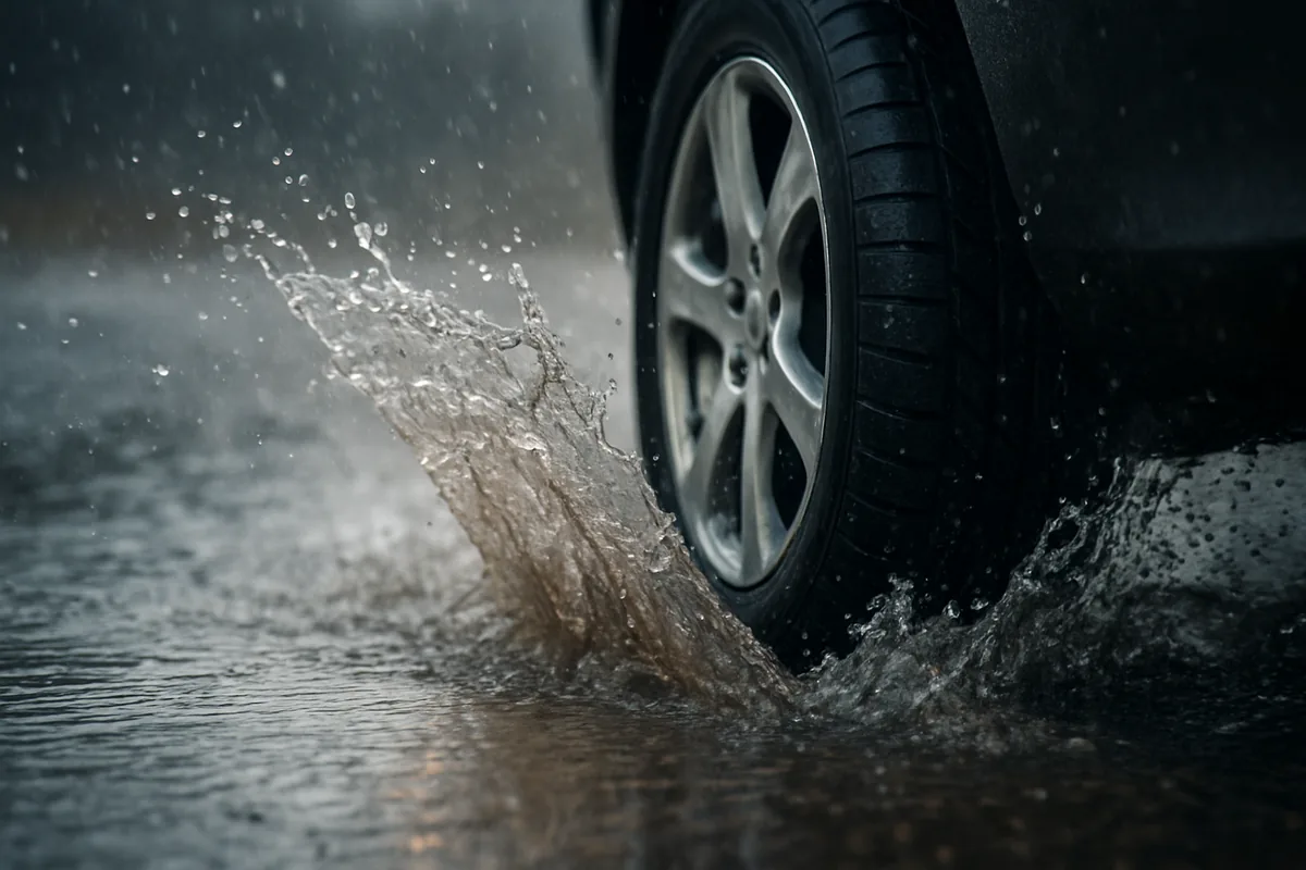 Neumático atravesando un charco a velocidad con spray de agua